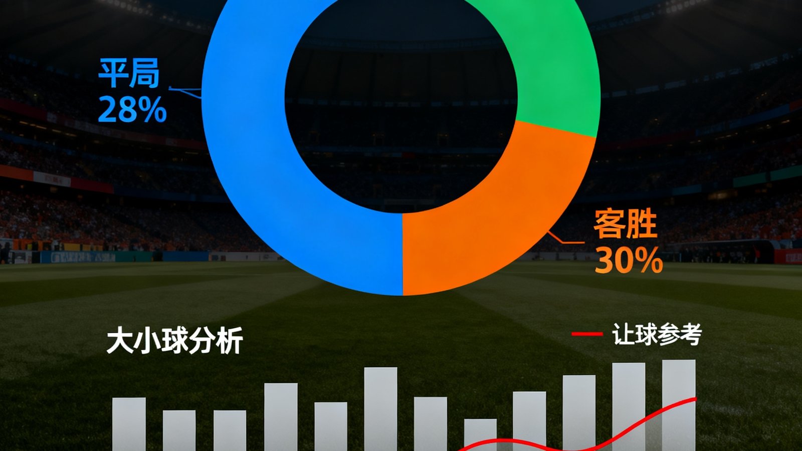 AI预测数据图表展示：胜平负概率分布以环形图呈现，主胜42%、平局28%、客胜30%，下方附有大小球分析柱状图与让球参考曲线